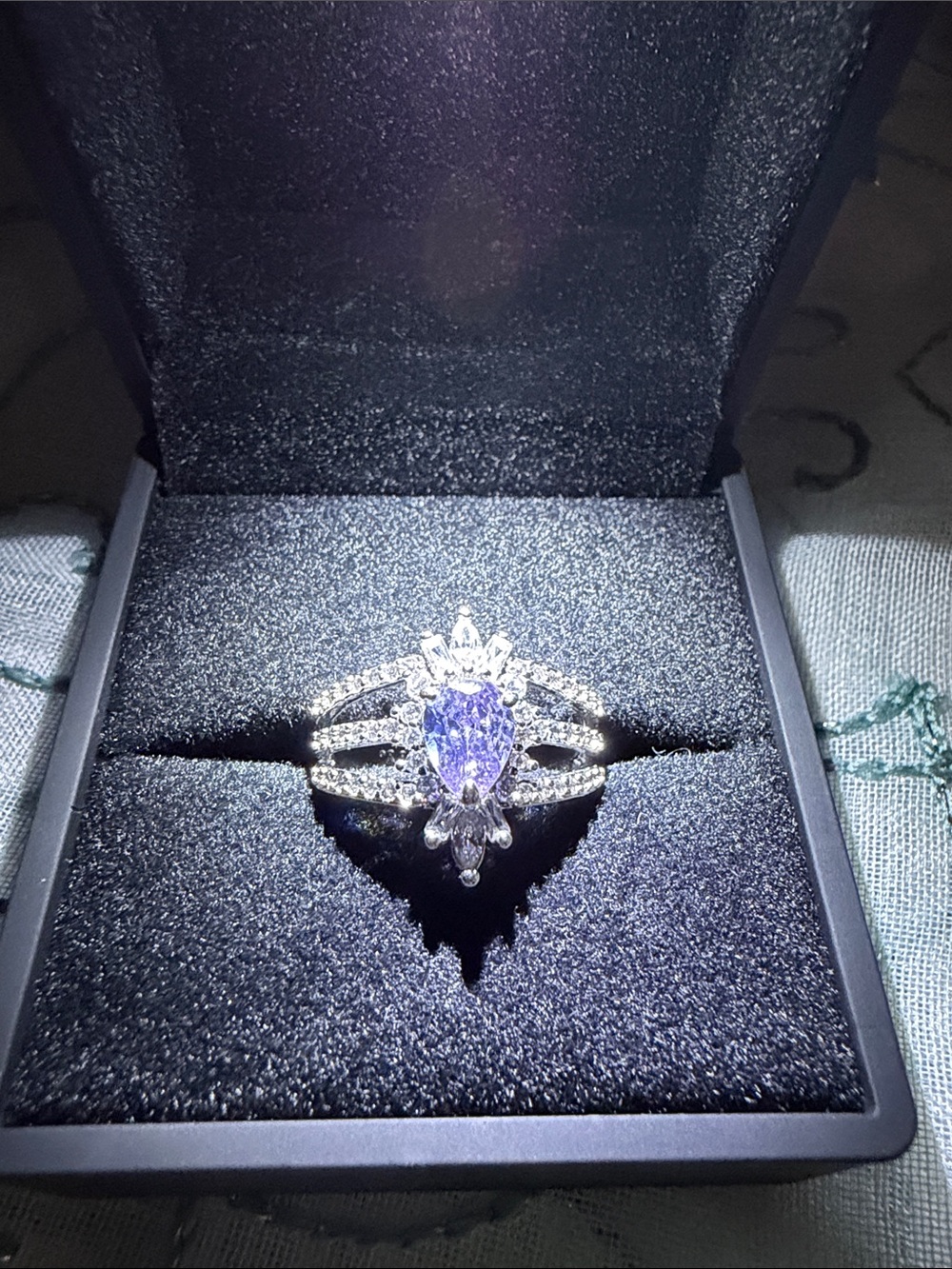 Lavender Marquise Halo Split-Shank Ring - Rhodium plated